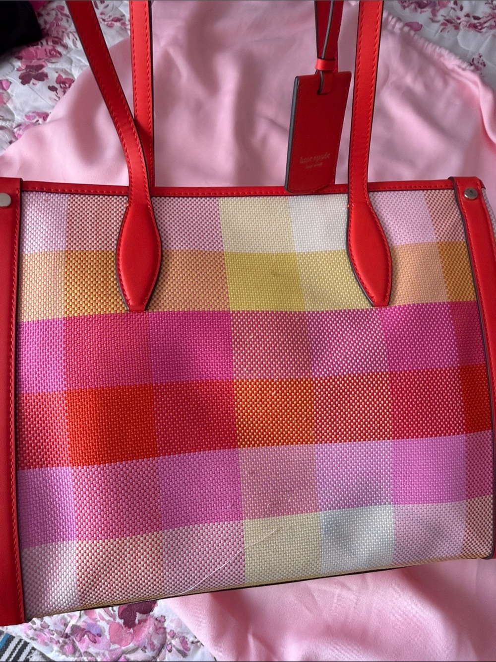 kate spade Pink, Orange & Yellow plaid Canvas Tote - Picture 3 of 14
